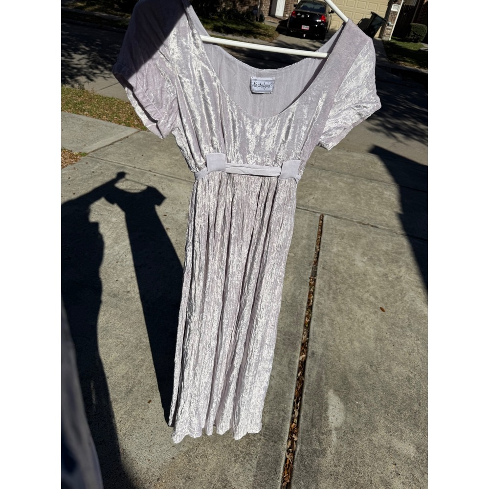 Nostalgia Vintage Crushed Velvet Empire Waist Maxi Dress Lavender Silver‎ Grey - Picture 5 of 5